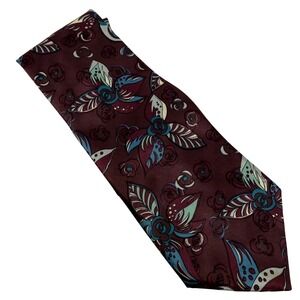 Jordache Mens Burgundy Floral Pattern Silk Necktie